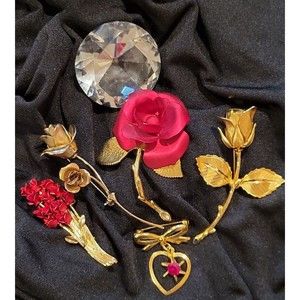 VTG Signed Satin Enamel Red Gold ROSE Roses Bud Collection Brooch Pin Lot 5